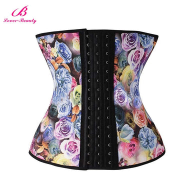 Lover Beauty Roses Printed Waist Trainer 9 Steel boned Latex Corsets Rubber Workout  Body Shaper Girdles Control Waist Belt C