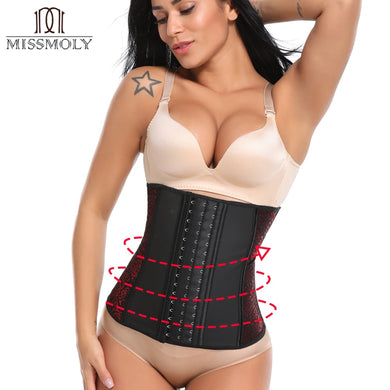 Miss Moly 9 Spiral Steel Bone Latex Rubber Waist Trainer Black Corset Body Shaper For Underbust Hooks Slimming Belt Corset Fajas